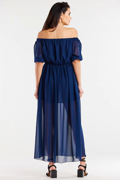Elegant long chiffon dress by Awama showcasing an elastic waist and 3/4 sleeves, perfect for a sophisticated look.