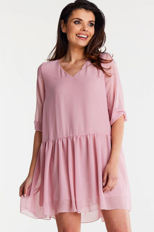 Elegant loose chiffon daydress by Awama, featuring a delicate ruffle hem and stylish 3/4 sleeves, perfect for daytime elegance.
