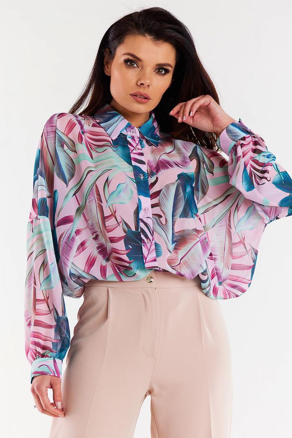 Elegant oversized chiffon long sleeve shirt with ruffled cuffs by Awama, featuring transparent buttons and a luxurious flow.