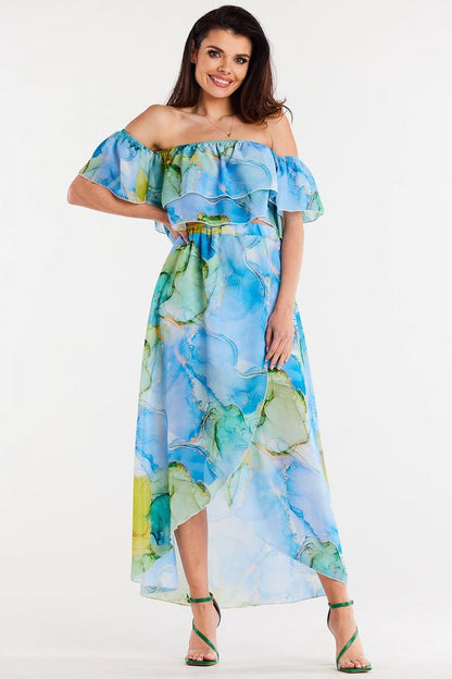 Elegant lightweight asymmetrical chiffon long skirt by Awama in luxurious polyester, featuring an elastic waist for comfort and style.