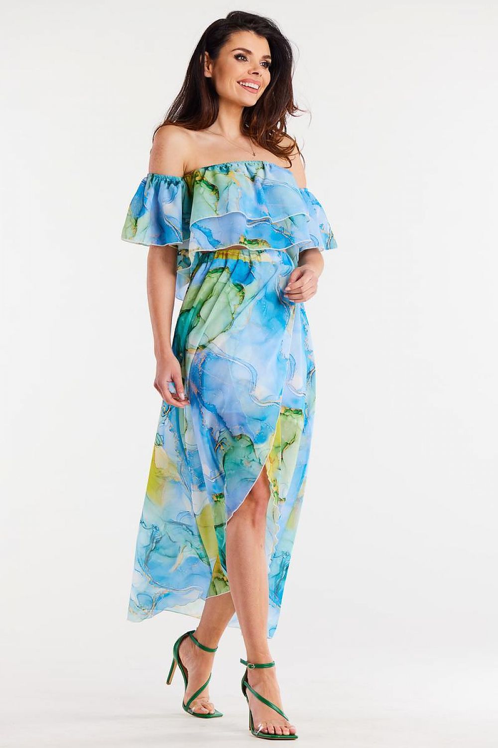 Chic Awama long chiffon skirt showcasing an asymmetrical design, perfect for trendy EU and US sizes, offering luxury and elegance.