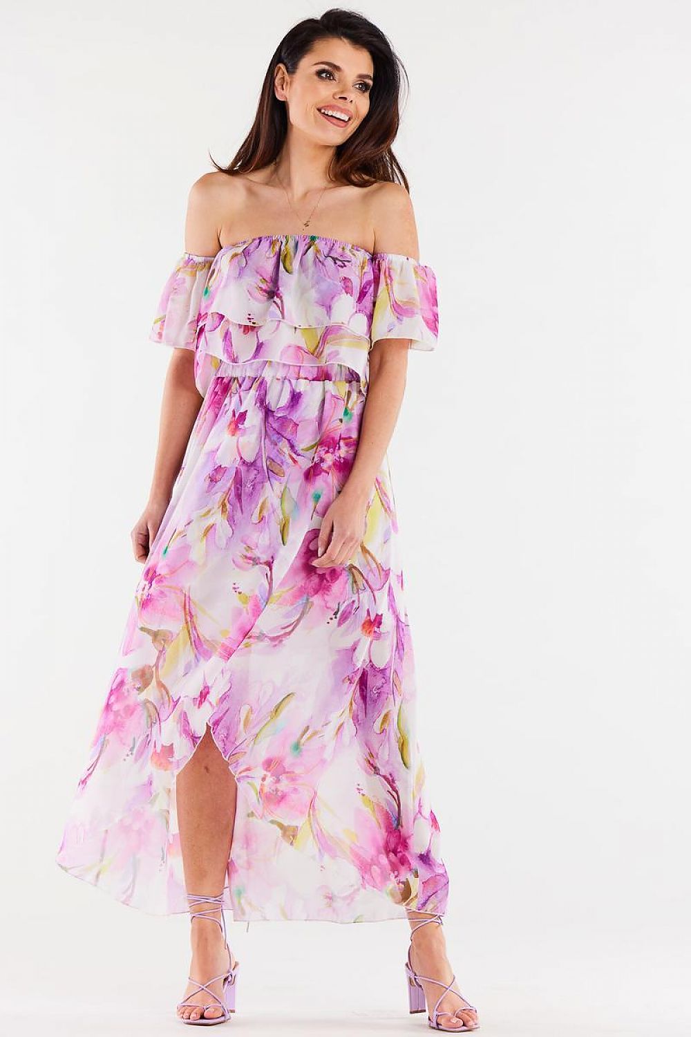 Elegant short chiffon blouse by Awama featuring delicate ruffles and an elastic neckline, perfect for upscale occasions.