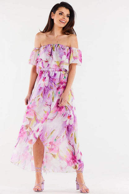 Elegant short chiffon blouse by Awama featuring delicate ruffles and an elastic neckline, perfect for upscale occasions.