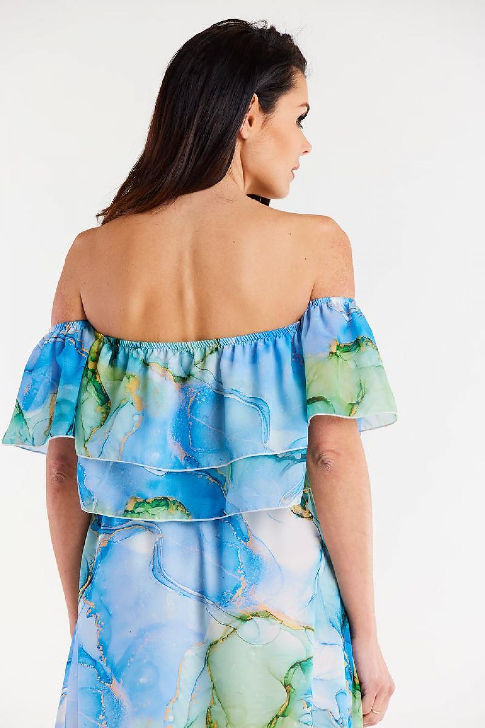 Full view of the short chiffon blouse by Awama, highlighting its exquisite ruffles and comfortable elastic neckline.