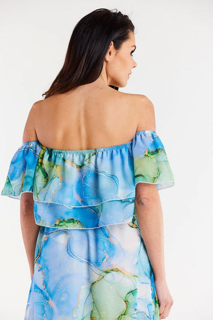 Full view of the short chiffon blouse by Awama, highlighting its exquisite ruffles and comfortable elastic neckline.