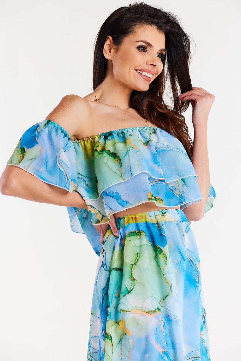 Rear view of the elegant chiffon blouse designed by Awama, emphasising the chic ruffle design and premium fabric.