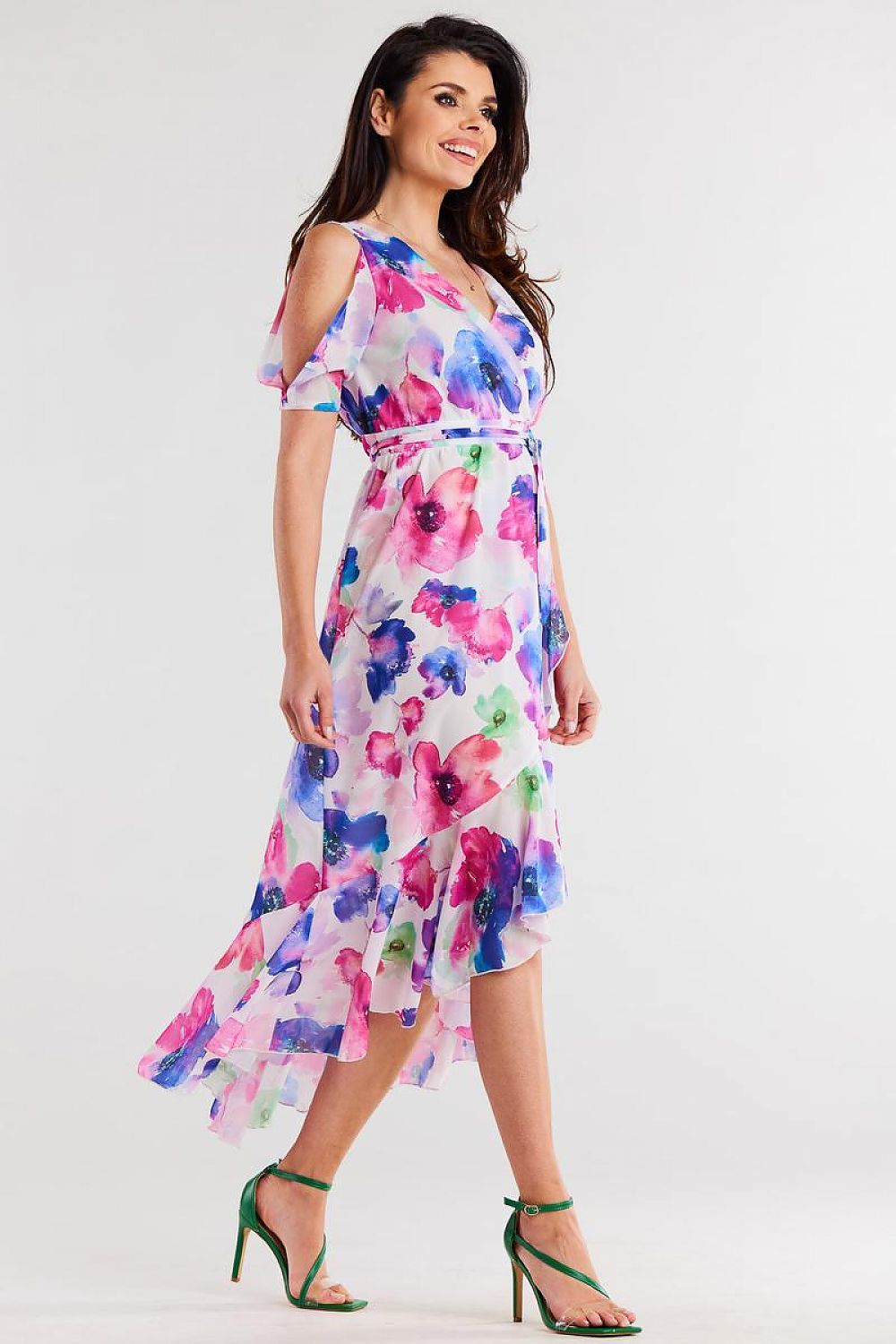 Chic asymmetrical chiffon dress by Awama featuring elegant ruffle hem and split sleeves, perfect for upscale occasions.