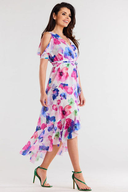 Chic asymmetrical chiffon dress by Awama featuring elegant ruffle hem and split sleeves, perfect for upscale occasions.