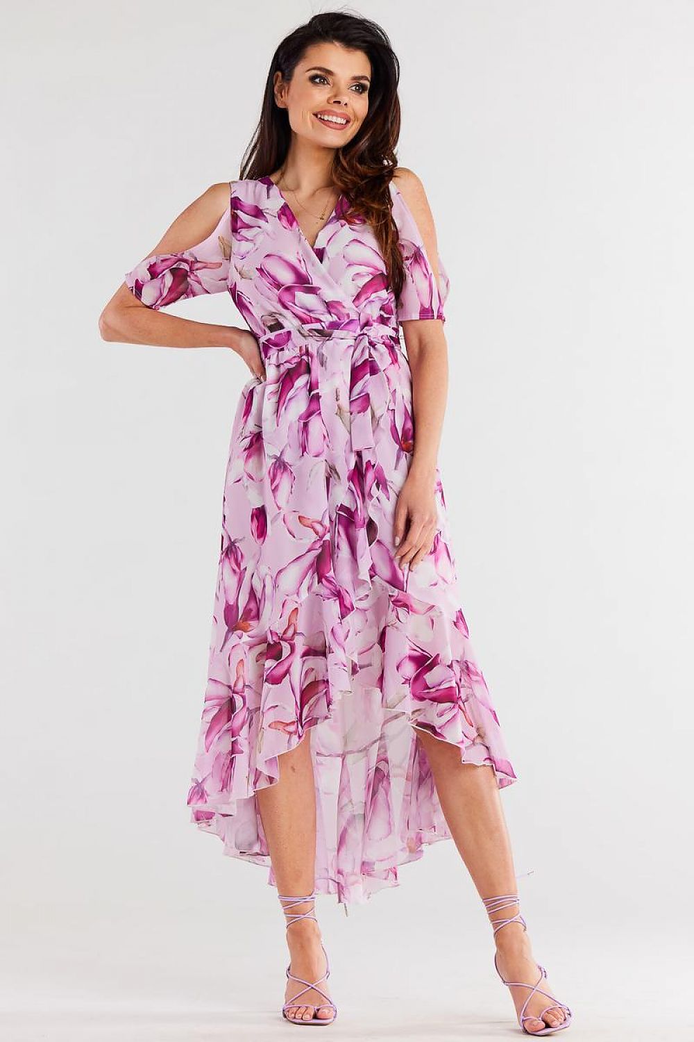 Chic Awama belted chiffon dress showcasing a stylish ruffle hem and exposed shoulders, ideal for an upscale summer event.