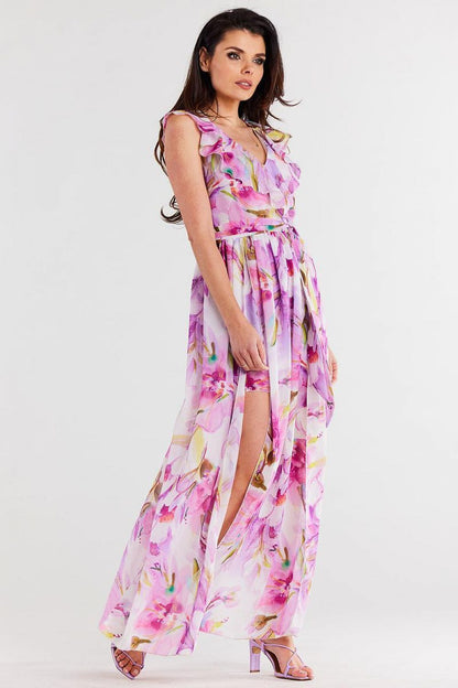 Close-up of the exquisite decorative ruffles on the Awama chiffon daydress, highlighting its elegant craftsmanship and design.