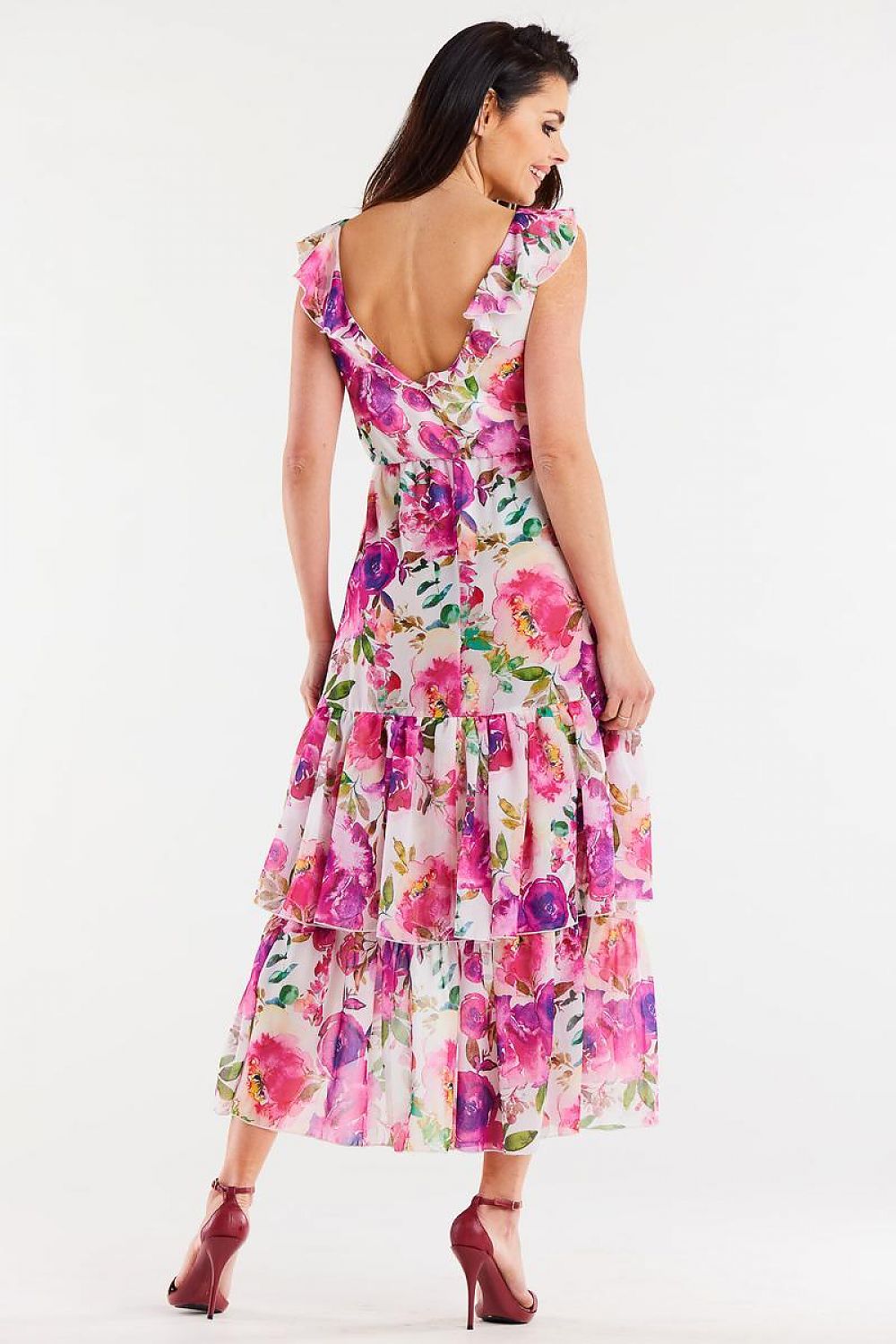 Luxurious chiffon dress with an elastic waist and ruffle accents by Awama, showcasing modern sophistication.