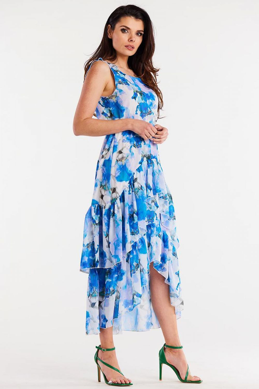 Front view of Awama's Chiffon Daydress highlighting the asymmetrical design and sophisticated style for elegant occasions.