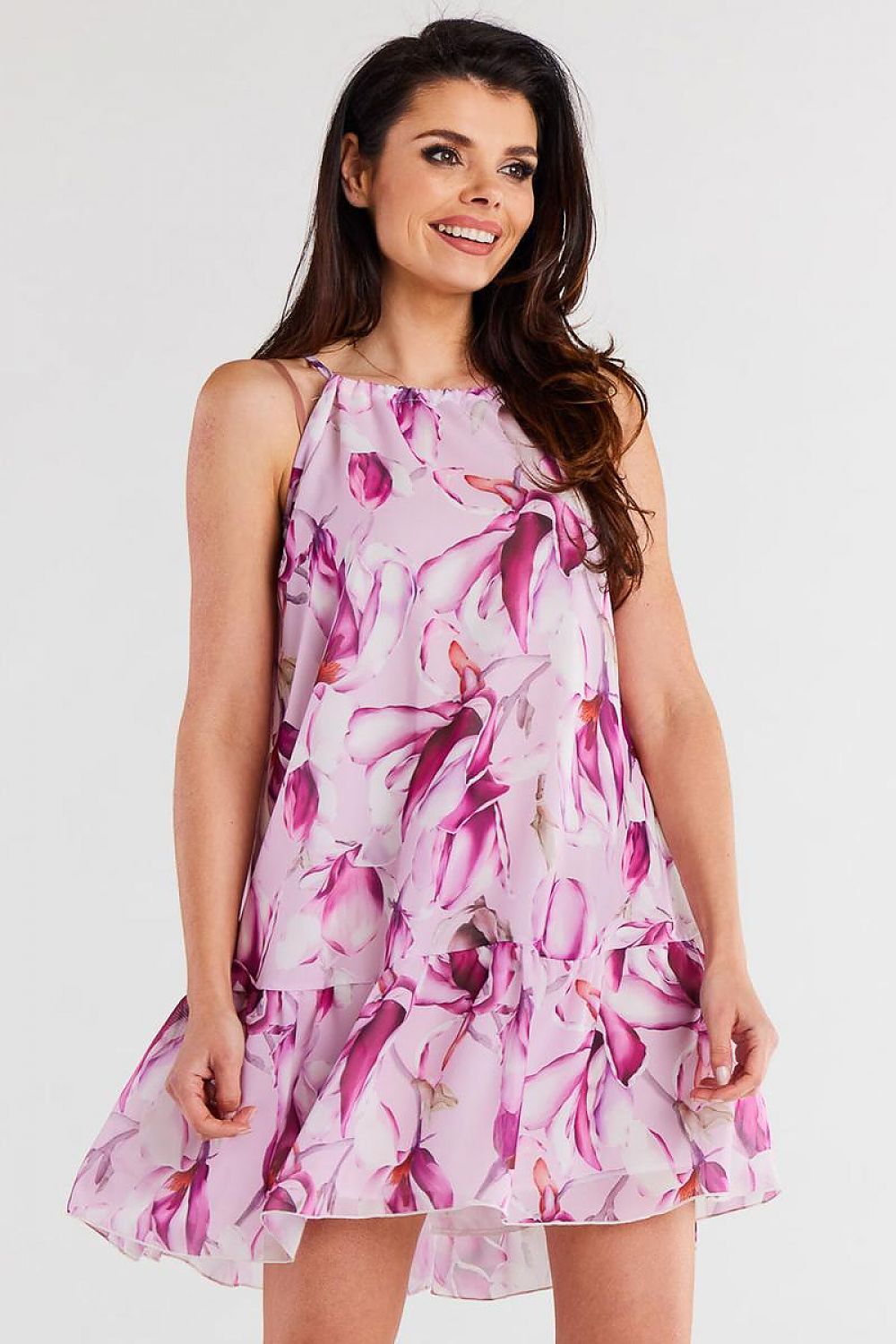 Elegant chiffon daydress by Awama featuring a delicate ruffled hem and adjustable straps, perfect for summer outings.