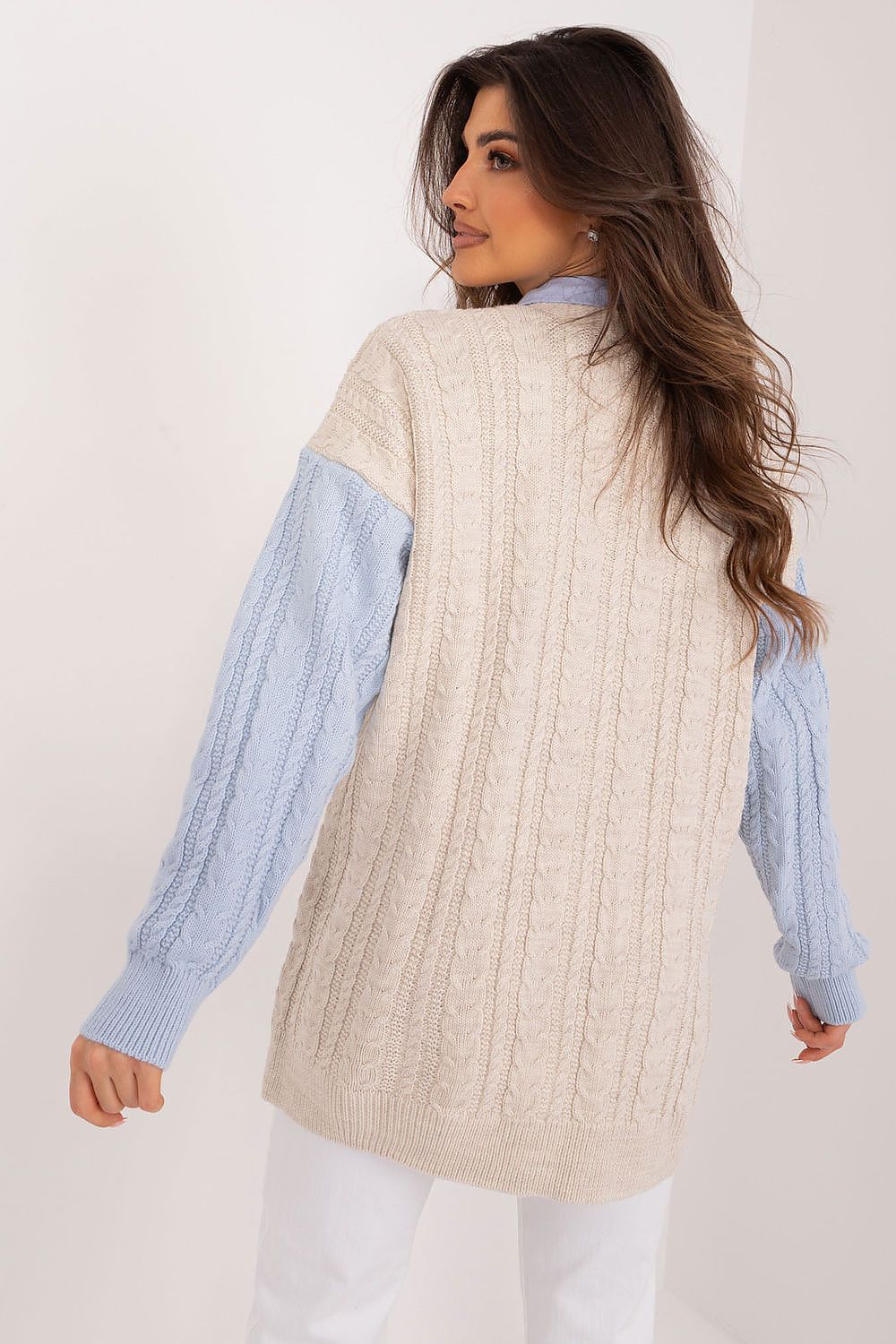 Elegant long sleeve acrylic and wool cardigan by Badu featuring a heart neckline, perfect for versatile everyday comfort.