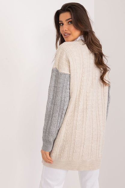 Elegant long sleeve cardigan crafted from acrylic and wool designed by Badu, featuring a heart neckline, perfect for luxury comfort wear.