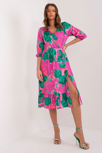 Elegant summer midi daydress with ruffles and 3/4 sleeves by Rue Paris, showcasing vibrant patterns perfect for casual occasions.