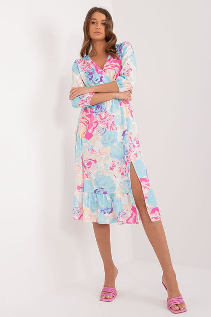 Elegant colorful midi daydress with ruffles and 3/4 sleeves by Rue Paris, perfect for summer outings.
