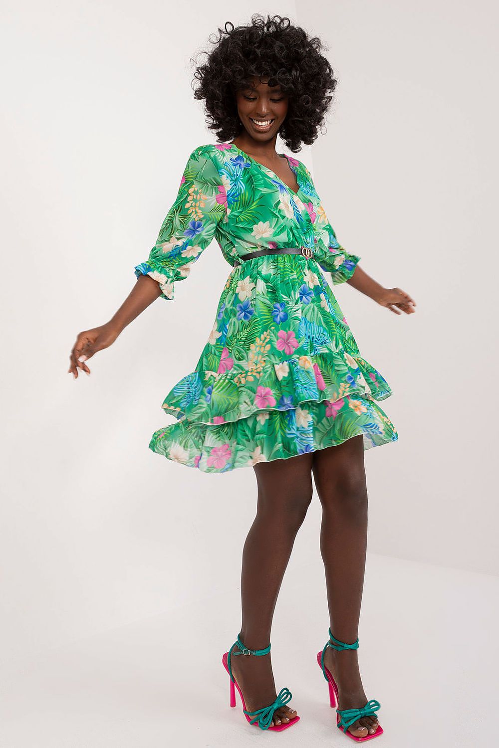 Chic flared mini dress with 3/4 sleeves, adorned with a beautiful modern print by Italy Moda, perfect for summer outings.