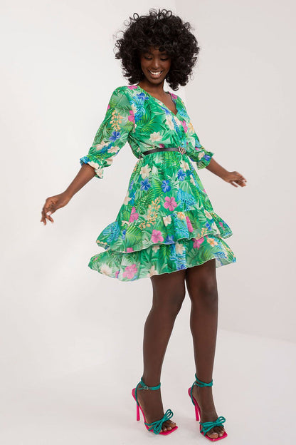 Chic flared mini dress with 3/4 sleeves, adorned with a beautiful modern print by Italy Moda, perfect for summer outings.