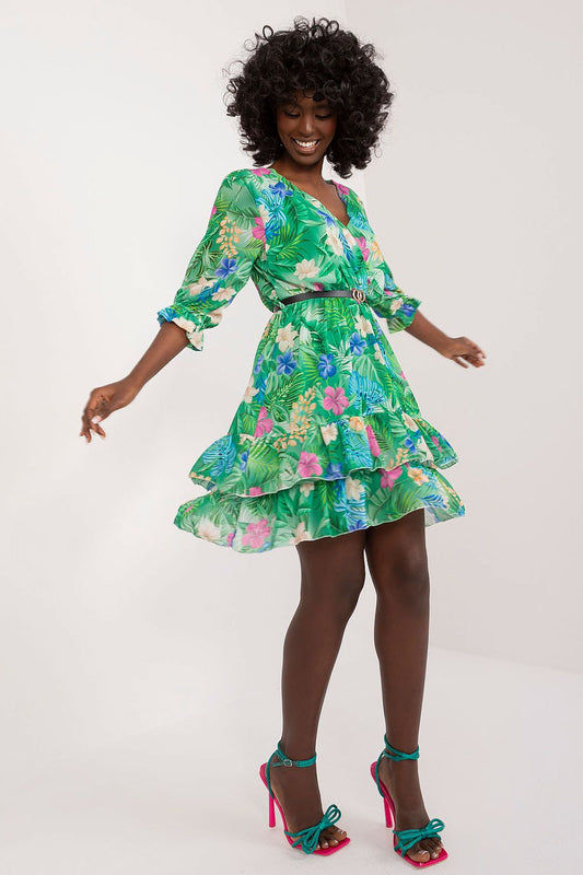 Chic flared mini dress with 3/4 sleeves, adorned with a beautiful modern print by Italy Moda, perfect for summer outings.