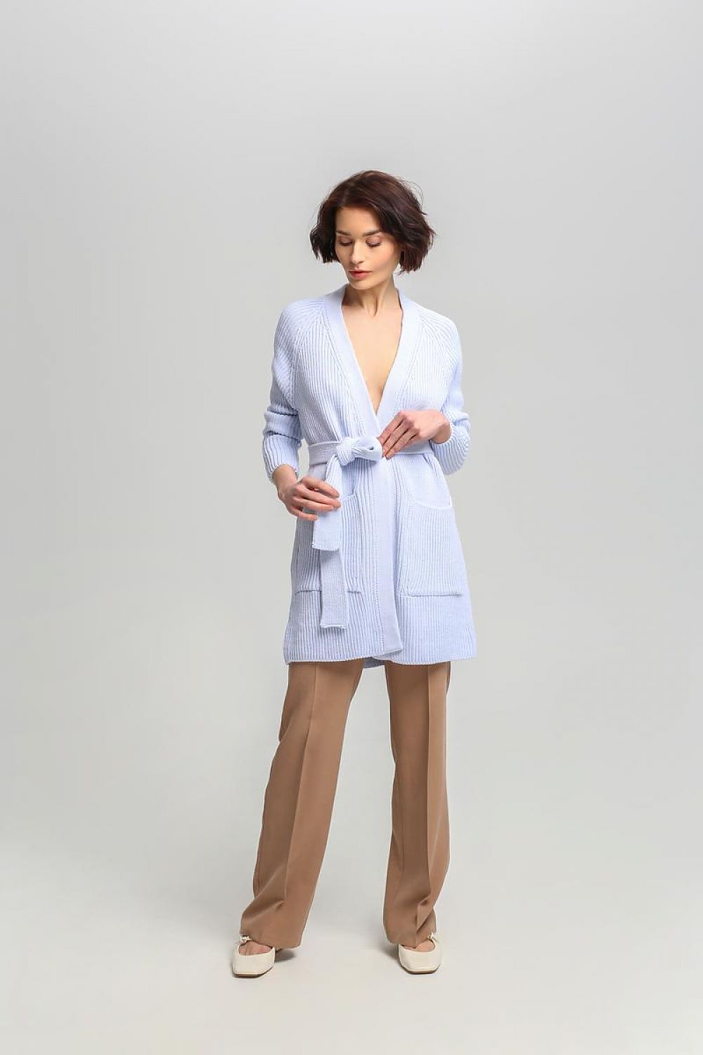 MKM luxurious long cardigan with pockets, crafted from premium acrylic and wool blend, ideal for layering in colder seasons.