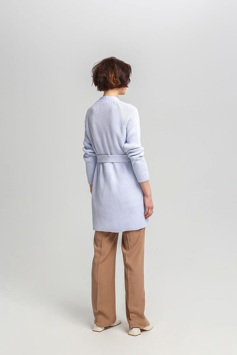 Elegant MKM long cardigan with a tie belt and pockets, made from a warm acrylic and wool blend, perfect for sophisticated outfits.