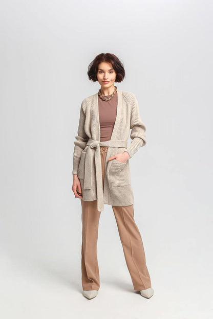 Stylish MKM long cardigan featuring ribbed texture, practical pockets and a belt, combining comfort with luxury for any occasion.
