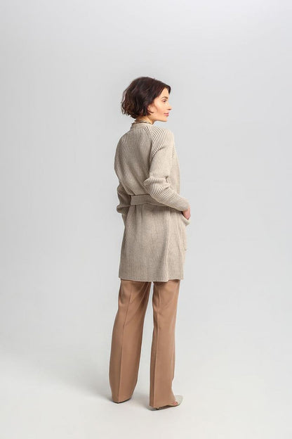 Luxurious MKM long cardigan featuring pockets and a tie belt, crafted from a warm acrylic and wool blend.