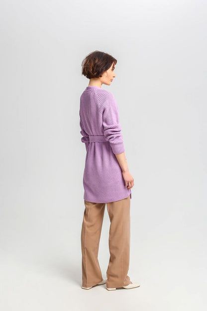 Chic MKM long cardigan in a stylish design, highlighting its practical pockets and comfortable fit.