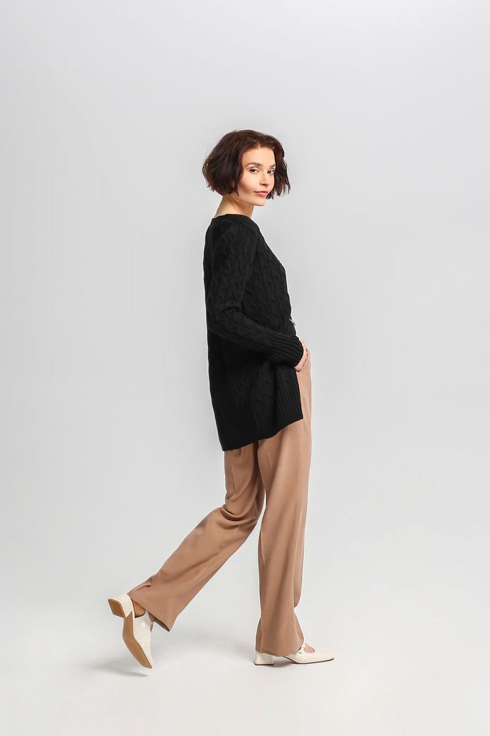 Elegant MKM long cardigan with luxurious crest buttons and classic checkered weave design.