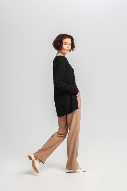 Elegant MKM long cardigan with luxurious crest buttons and classic checkered weave design.