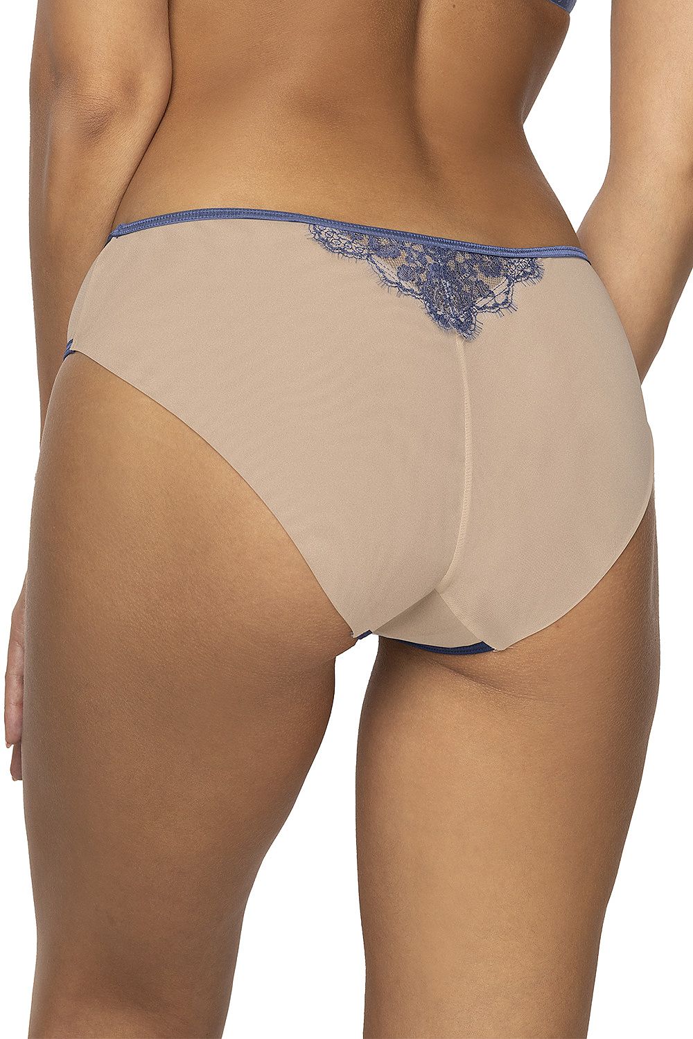 Back view of Luxury Women's Beige Mesh Briefs by Mat, highlighting the double folded mesh design and exquisite floral lace trim.