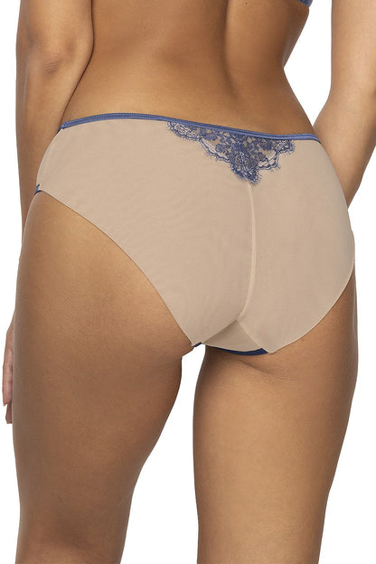 Back view of Luxury Women's Beige Mesh Briefs by Mat, highlighting the double folded mesh design and exquisite floral lace trim.