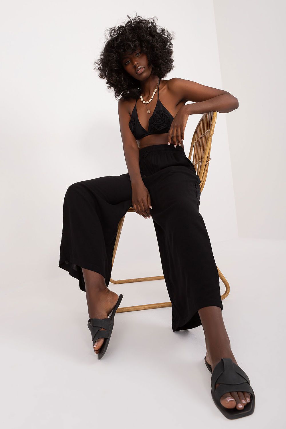 Close-up of Sublevel's luxurious women's palazzo pants fabric, highlighting the softness and breathable viscose material.