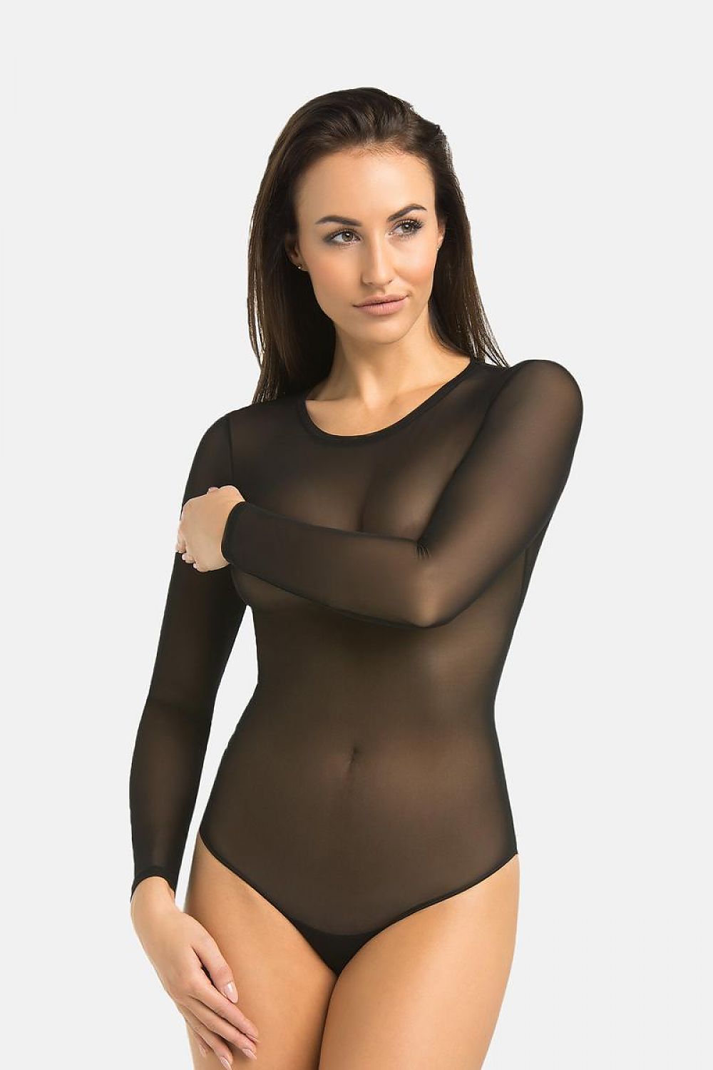 Close-up of Teyli's luxury sheer black mesh bodysuit, showcasing the delicate moisture-absorbing cotton lining and detailed stitching on the long sleeves.