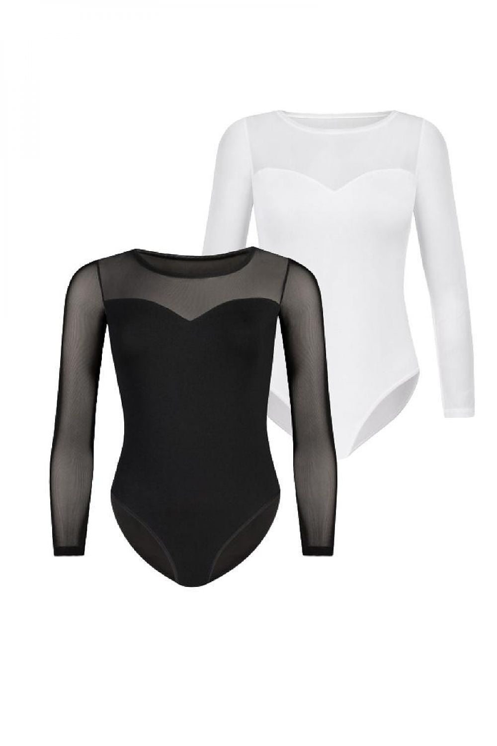 Elegant white women's long sleeve bodysuit by Teyli featuring a sweetheart neckline and delicate mesh details, perfect for modern femininity.