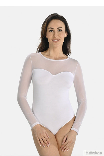 Model wearing Teyli's elegant white long sleeve bodysuit, accentuating various styles from casual to special occasions with charm and sophistication.