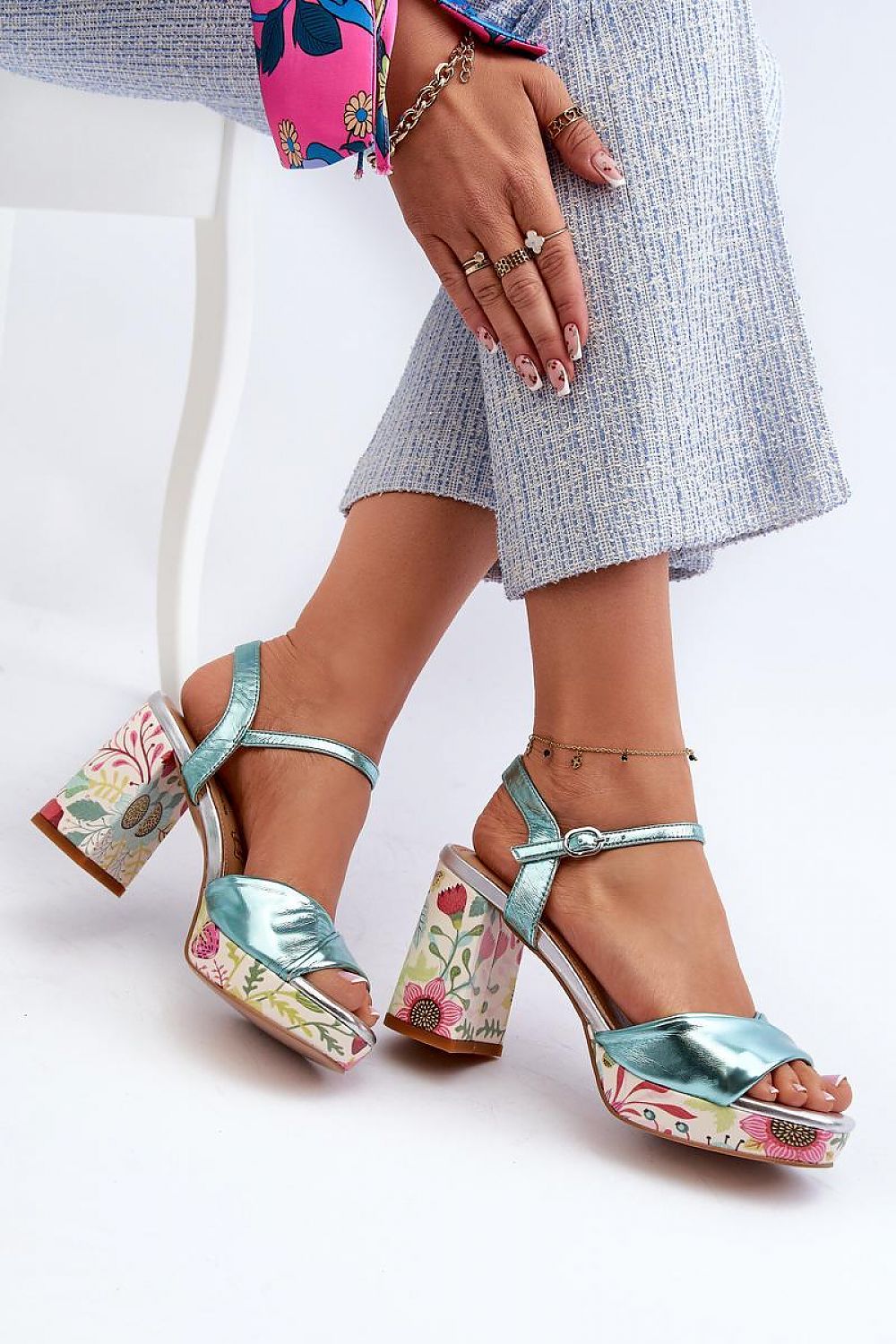 Close-up view of Elegant Women's Floral Pattern Heel Sandals featuring a delicate floral design and adjustable strap, made by Step in Style.
