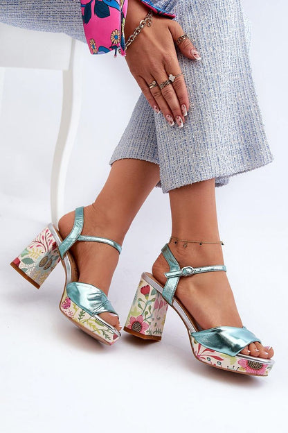 Close-up view of Elegant Women's Floral Pattern Heel Sandals featuring a delicate floral design and adjustable strap, made by Step in Style.
