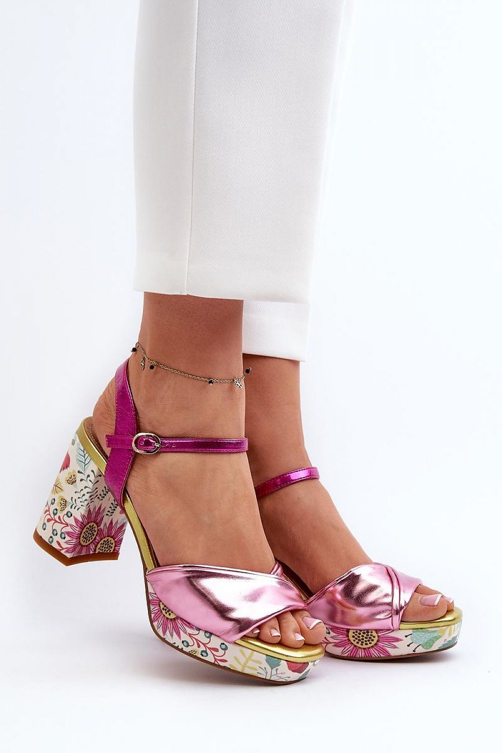 Side profile of Step in Style Elegant Women's Floral Pattern Heel Sandals, highlighting the comfortable leather insole and 9cm stable block heel.