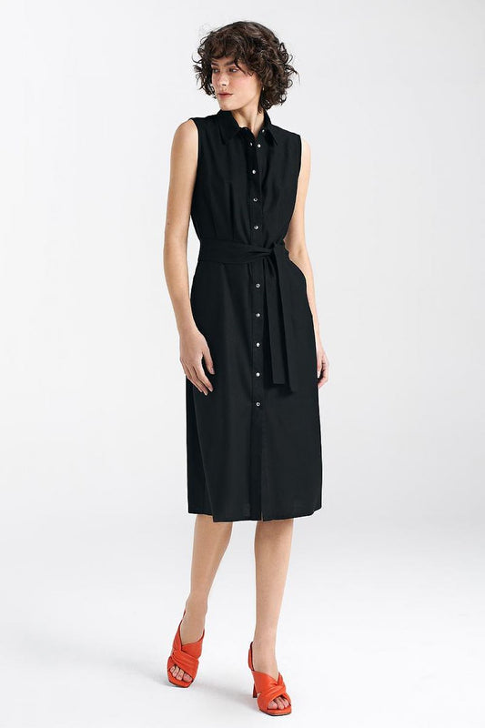 Elegant midi shirt dress by Nife, crafted from a luxurious blend of viscose, linen, and cotton with a stylish belt and functional pockets.