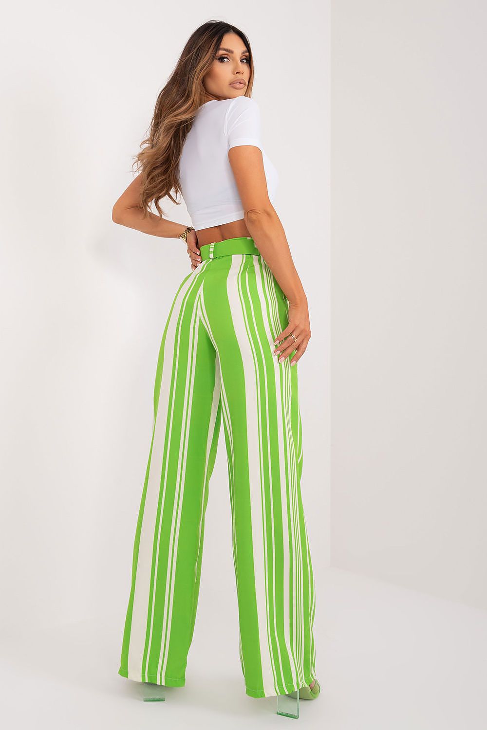 Luxurious high-waisted striped trousers by Italy Moda, showcasing wide-leg elegance for the modern woman, ideal for versatile styling.