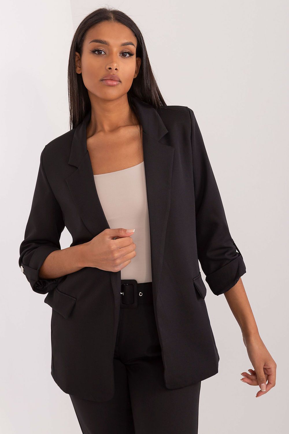 Elegant 3/4 sleeve blazer by Och Bella, featuring sophisticated polyester fabric, ideal for versatile styling and modern women's fashion.