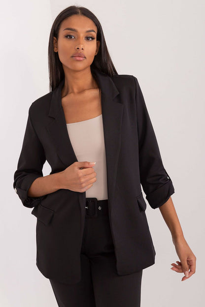 Elegant 3/4 sleeve blazer by Och Bella, featuring sophisticated polyester fabric, ideal for versatile styling and modern women's fashion.