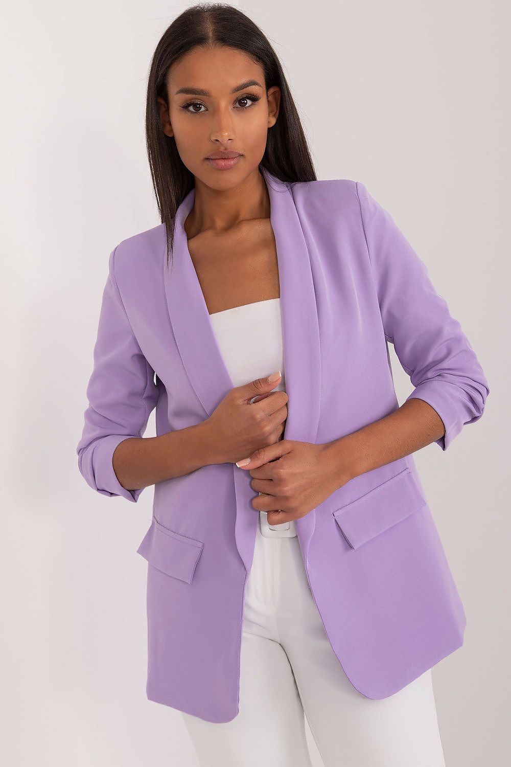 Stylish polyester blazer from Och Bella, designed for women's contemporary wardrobes with a classic look and comfortable fit.