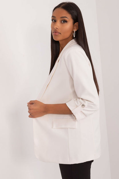 Elegant 3/4 Sleeve Blazer by Och Bella showcasing its sophisticated design and high-quality polyester fabric, perfect for versatile styling in women's fashion.