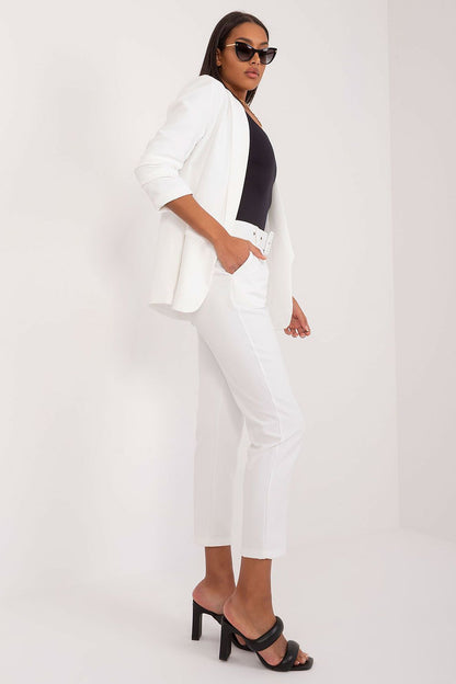 Detail view of Och Bella Women's Elegant High-Waist Chino Trousers, highlighting the luxurious zip and button closure, and features like slip pockets and a fastened belt for added functionality.