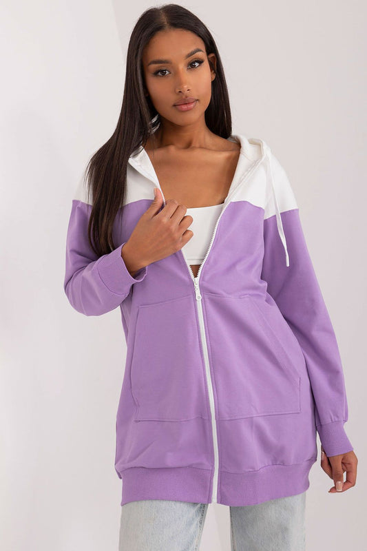Elegant women's sporty cotton spandex sweatshirt with hood, showcasing a chic mid-thigh design for a trendy look by Relevance.