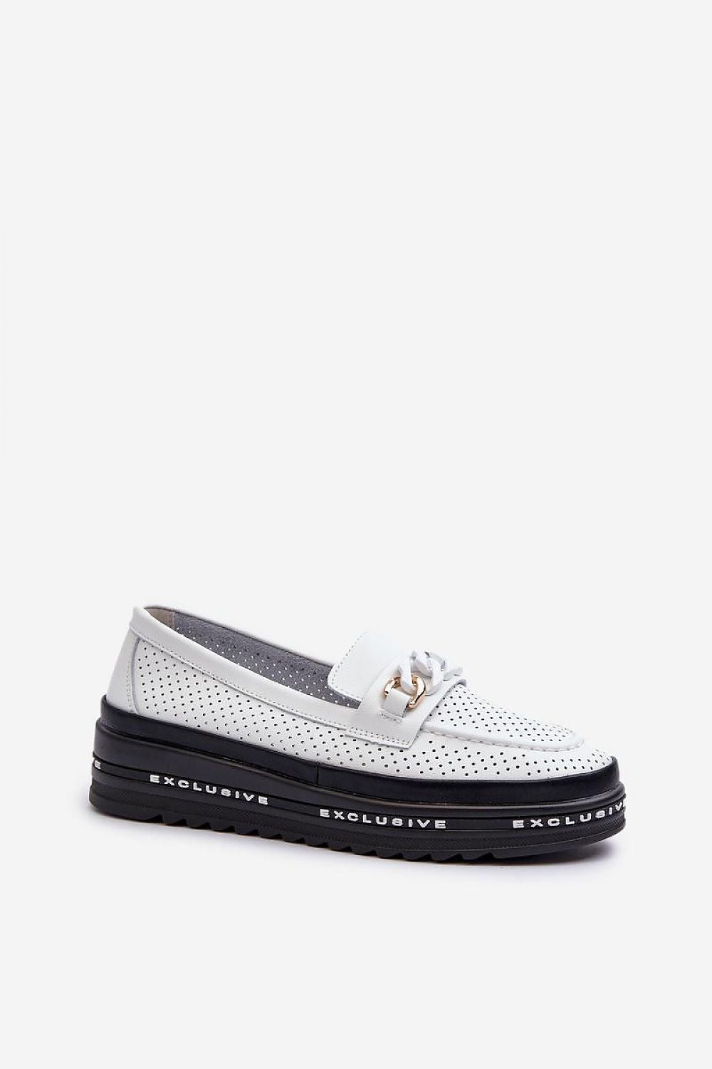 Stylish Step in Style women's loafers crafted from genuine leather, showcasing a chic chain detail and soft cushioned platform for all-day ease.