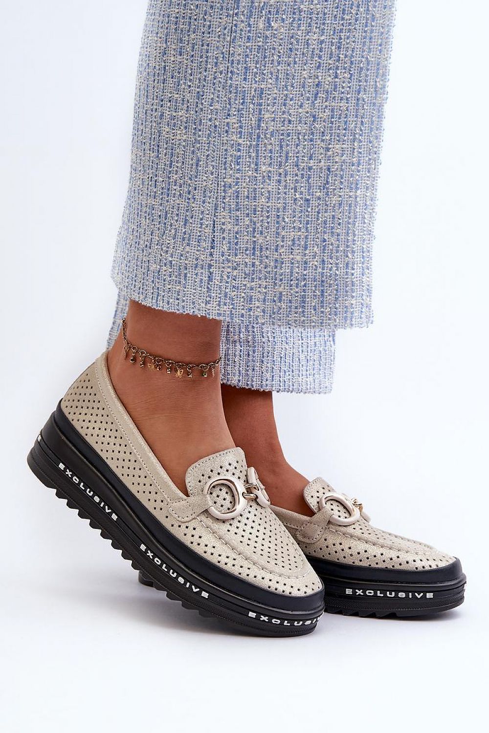Luxury S.Barski women's natural leather lace loafers with a stylish platform and elegant decorative detail, ideal for chic outfits.